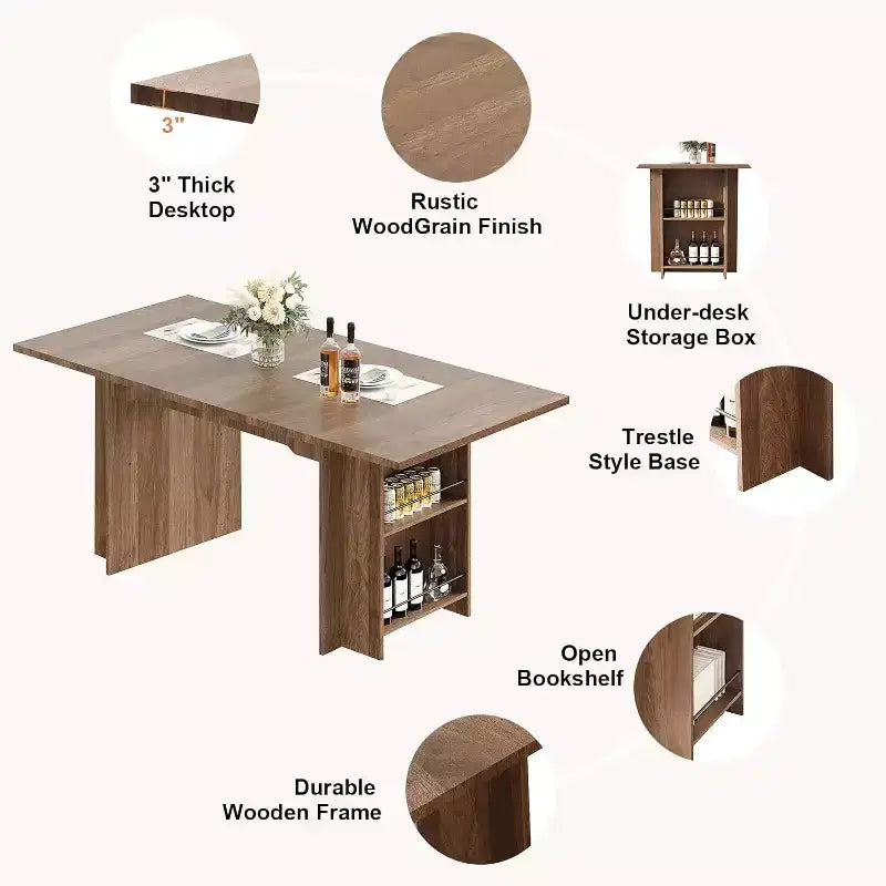 63 In Farmhouse Dining Table with 4 Storage Shelves,Rustic Wooden Rectangle Kitchen Table,Seats 2-4,Eazy Assembly for Dining Room, Living Room