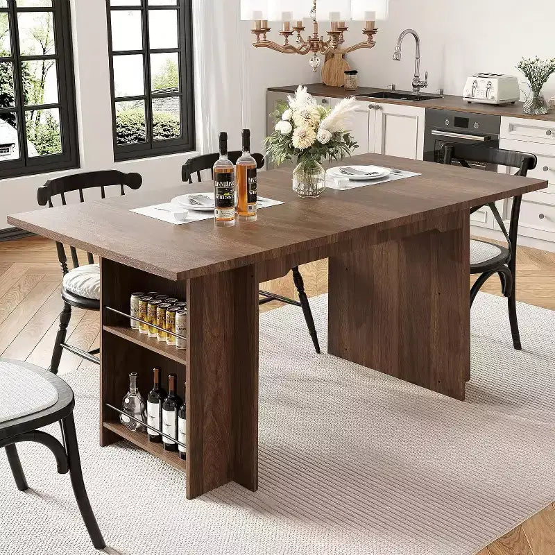 63 In Farmhouse Dining Table with 4 Storage Shelves,Rustic Wooden Rectangle Kitchen Table,Seats 2-4,Eazy Assembly for Dining Room, Living Room