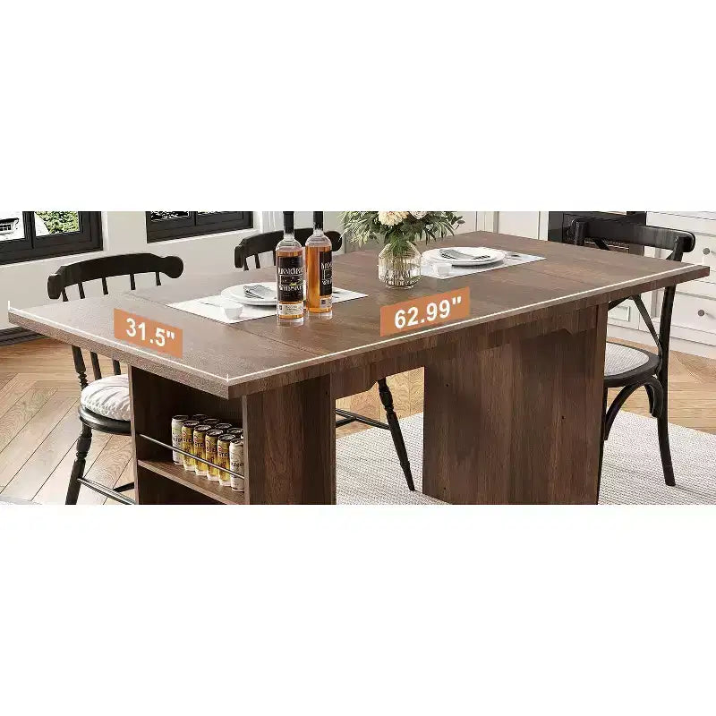 63 In Farmhouse Dining Table with 4 Storage Shelves,Rustic Wooden Rectangle Kitchen Table,Seats 2-4,Eazy Assembly for Dining Room, Living Room