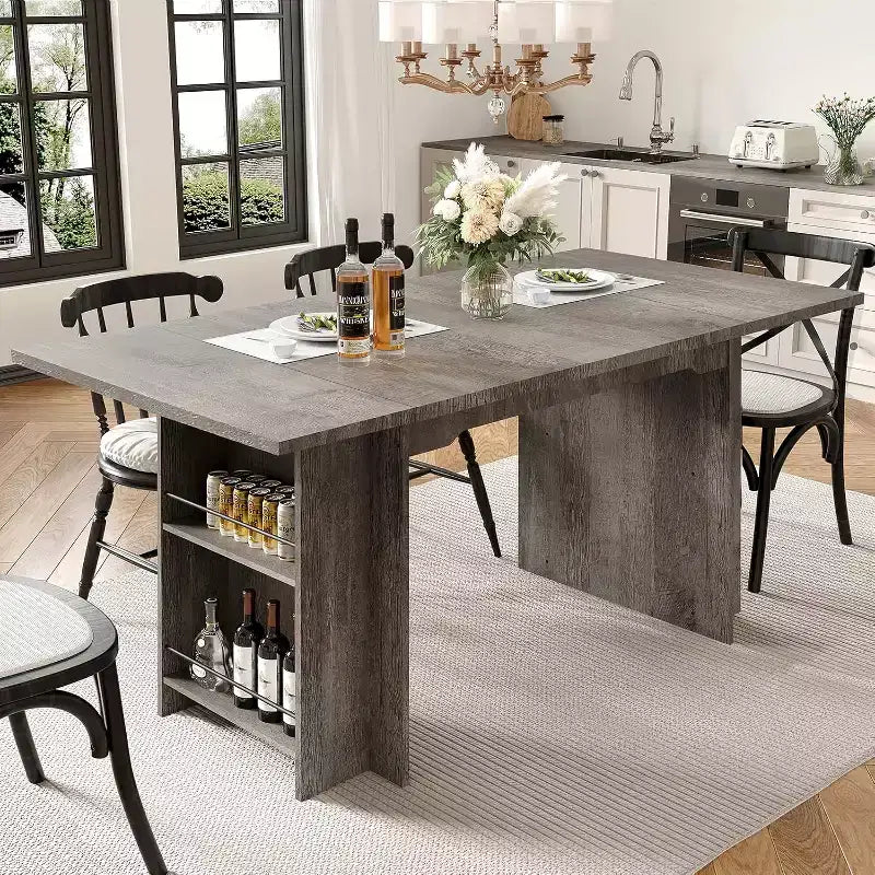 63 In Farmhouse Dining Table with 4 Storage Shelves,Rustic Wooden Rectangle Kitchen Table,Seats 2-4,Eazy Assembly for Dining Room, Living Room