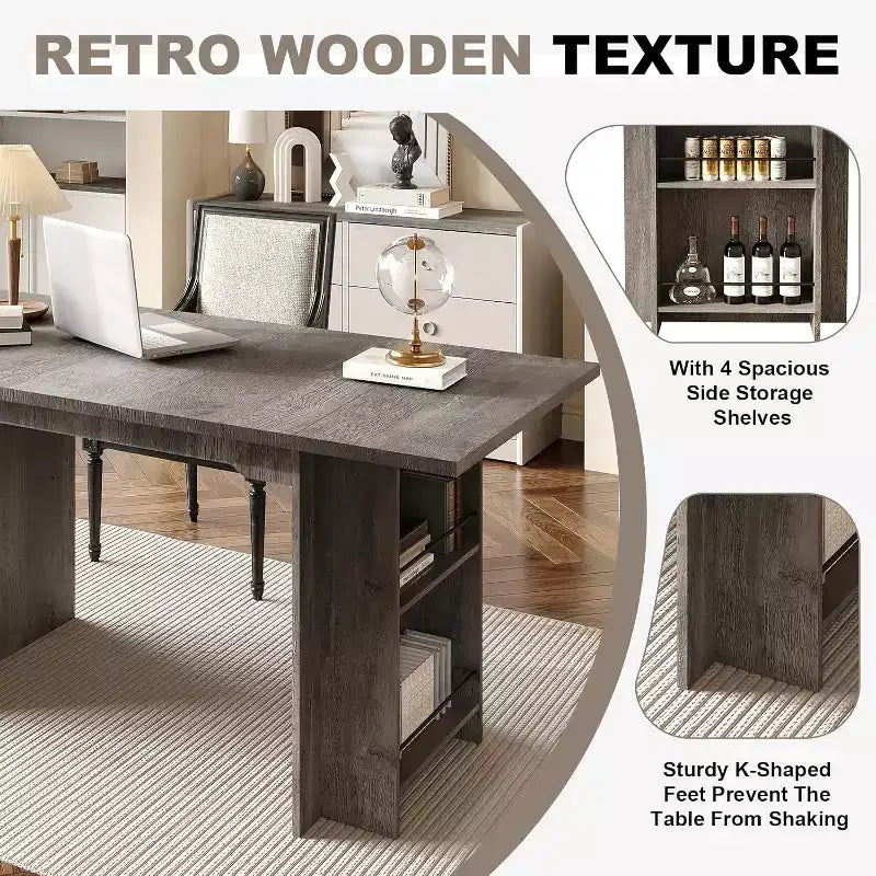 63 In Farmhouse Dining Table with 4 Storage Shelves,Rustic Wooden Rectangle Kitchen Table,Seats 2-4,Eazy Assembly for Dining Room, Living Room