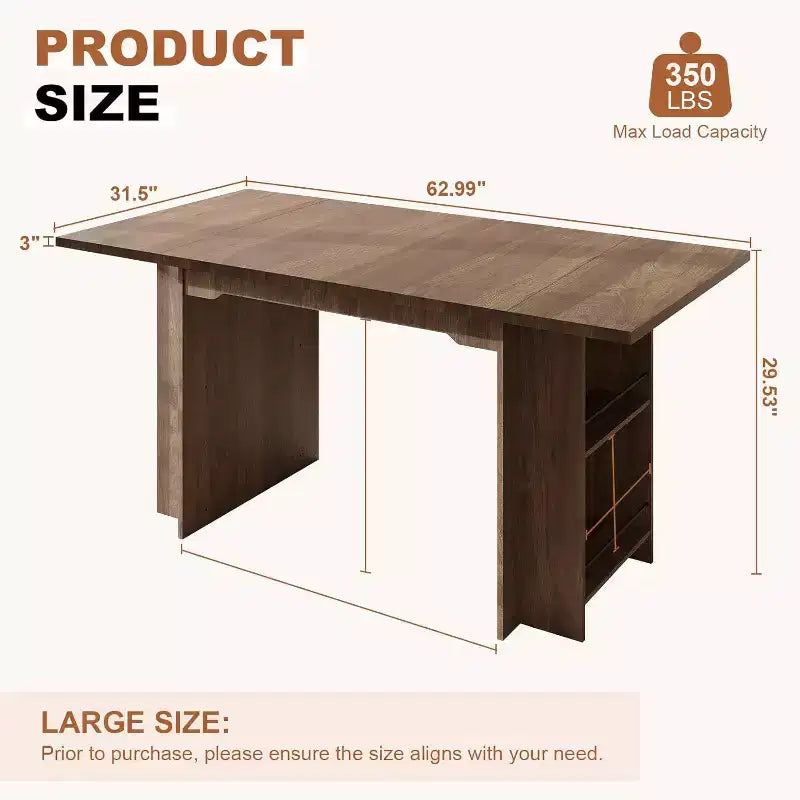 63 In Farmhouse Dining Table with 4 Storage Shelves,Rustic Wooden Rectangle Kitchen Table,Seats 2-4,Eazy Assembly for Dining Room, Living Room