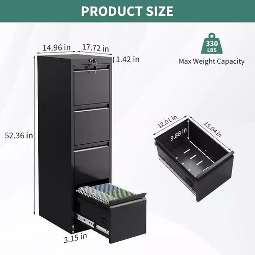 4 Drawer File Cabinet with Lock, Metal Filing Cabinets, Vertical Small Filing Cabinet Steel Lockable Storage Cabinets for Home Office