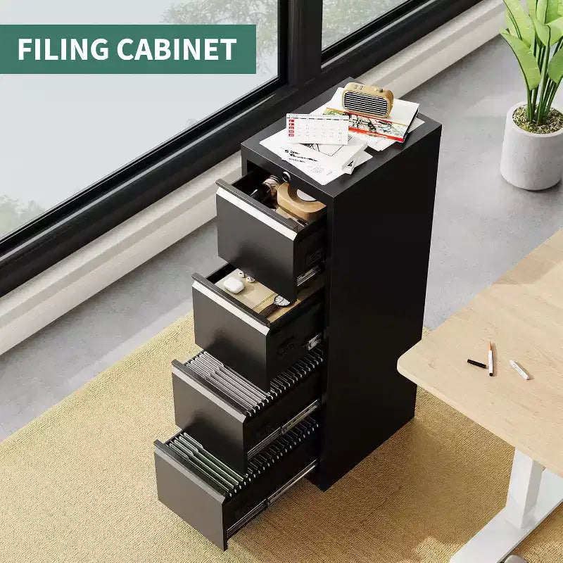 4 Drawer File Cabinet with Lock, Metal Filing Cabinets, Vertical Small Filing Cabinet Steel Lockable Storage Cabinets for Home Office