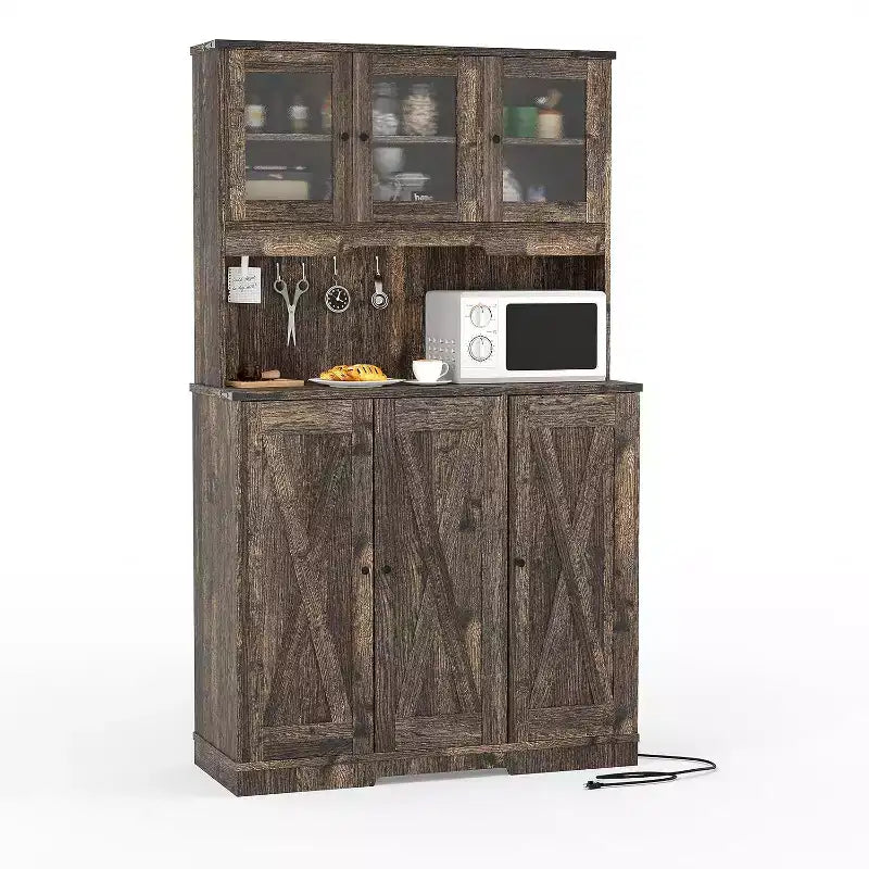 71 Tall Pantry Cabinet with Charging Station, Farmhouse Kitchen Hutch Storage Cabinet with Microwave Stand,for Living Room, Dining Room