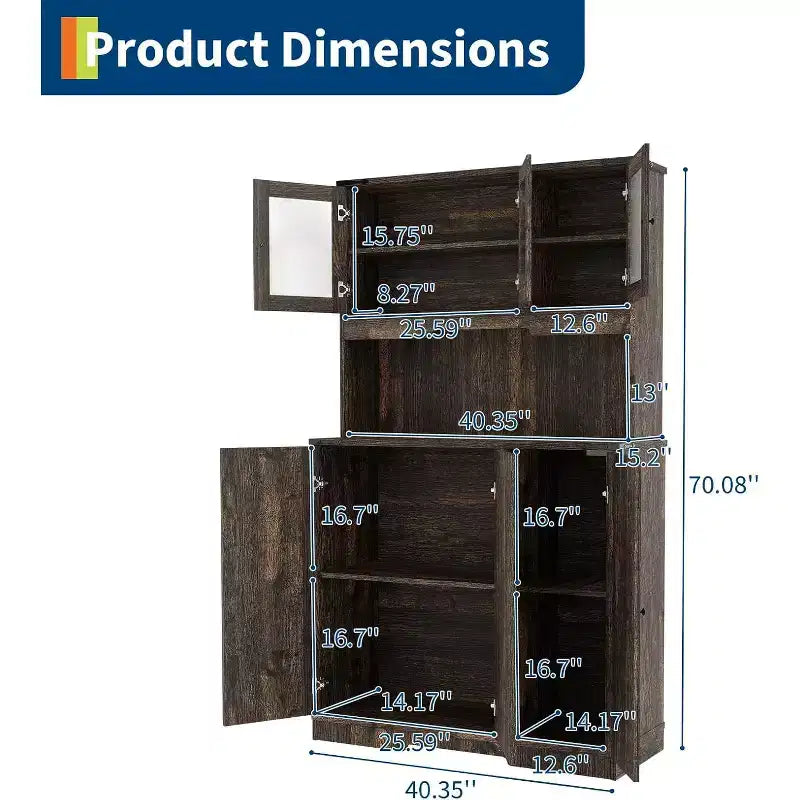 71 Tall Pantry Cabinet with Charging Station, Farmhouse Kitchen Hutch Storage Cabinet with Microwave Stand,for Living Room, Dining Room