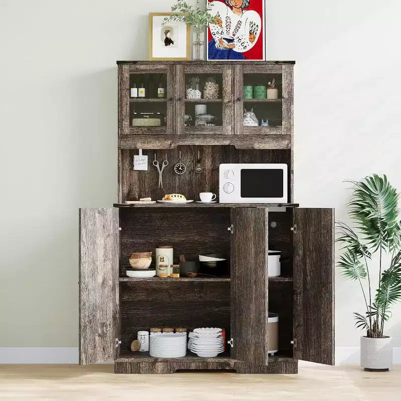 71 Tall Pantry Cabinet with Charging Station, Farmhouse Kitchen Hutch Storage Cabinet with Microwave Stand,for Living Room, Dining Room