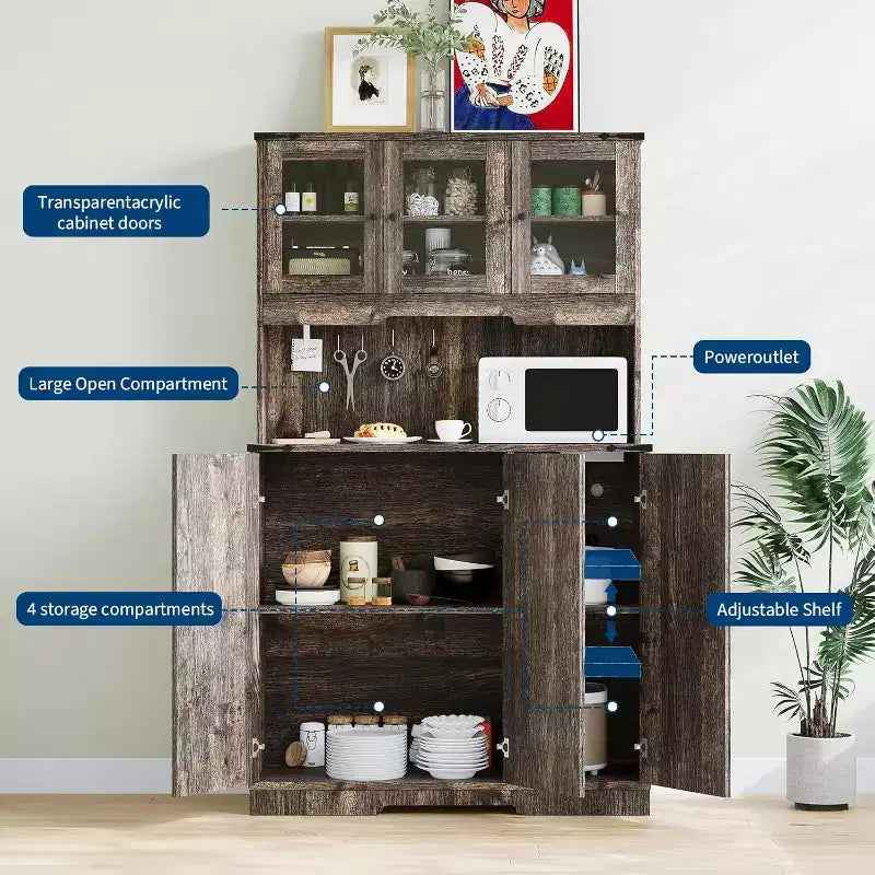 71 Tall Pantry Cabinet with Charging Station, Farmhouse Kitchen Hutch Storage Cabinet with Microwave Stand,for Living Room, Dining Room