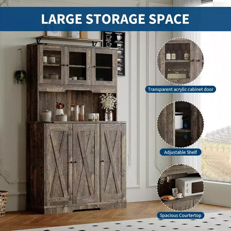 71 Tall Pantry Cabinet with Charging Station, Farmhouse Kitchen Hutch Storage Cabinet with Microwave Stand,for Living Room, Dining Room