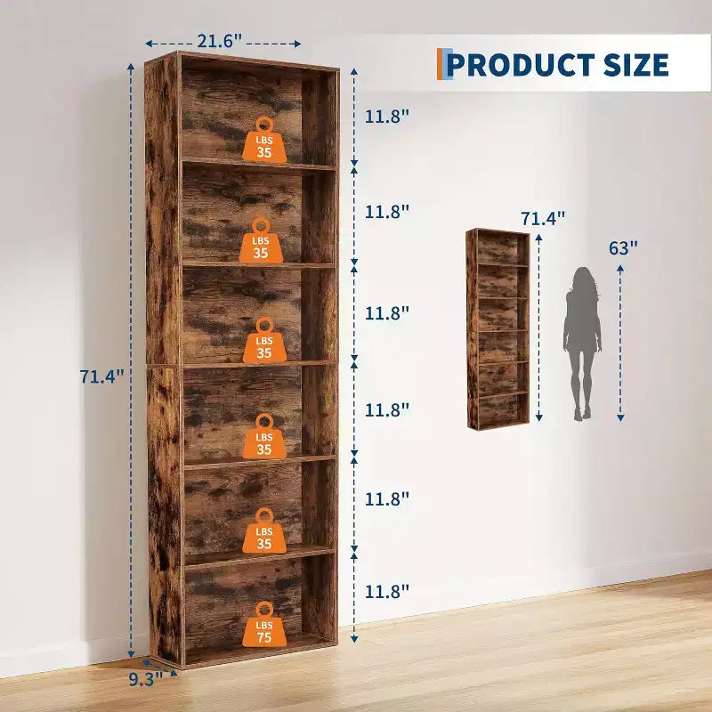 Industrial 6 Tier Bookcase, Tall Storage Shelf for Home Office, 71 Inch Modern Bookshelf for Living Room, Bedroom, Easy Assembly