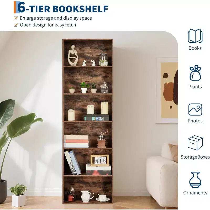 Industrial 6 Tier Bookcase, Tall Storage Shelf for Home Office, 71 Inch Modern Bookshelf for Living Room, Bedroom, Easy Assembly