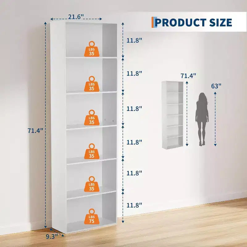Industrial 6 Tier Bookcase, Tall Storage Shelf for Home Office, 71 Inch Modern Bookshelf for Living Room, Bedroom, Easy Assembly