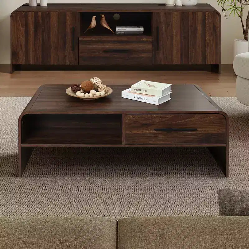 LuxenHome 47'' Coffee Table with Storage, Walnut Finish Wood 2-Drawer Open Storage Center Table with Rounded Corners for Living Room Brown