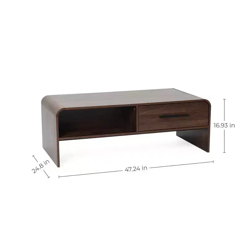 LuxenHome 47'' Coffee Table with Storage, Walnut Finish Wood 2-Drawer Open Storage Center Table with Rounded Corners for Living Room Brown