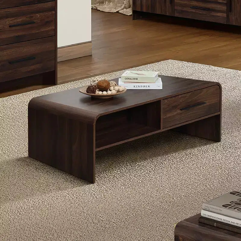 LuxenHome 47'' Coffee Table with Storage, Walnut Finish Wood 2-Drawer Open Storage Center Table with Rounded Corners for Living Room Brown