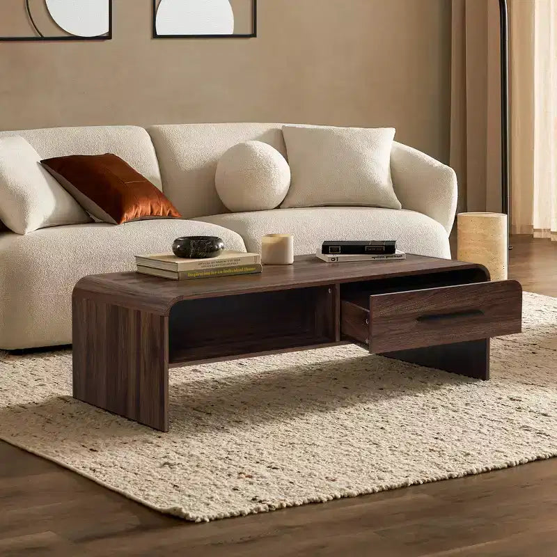 47'' Coffee Table with Storage, Walnut Finish Wood 2-Drawer Open Storage Center Table with Rounded Corners for Living Room Brown