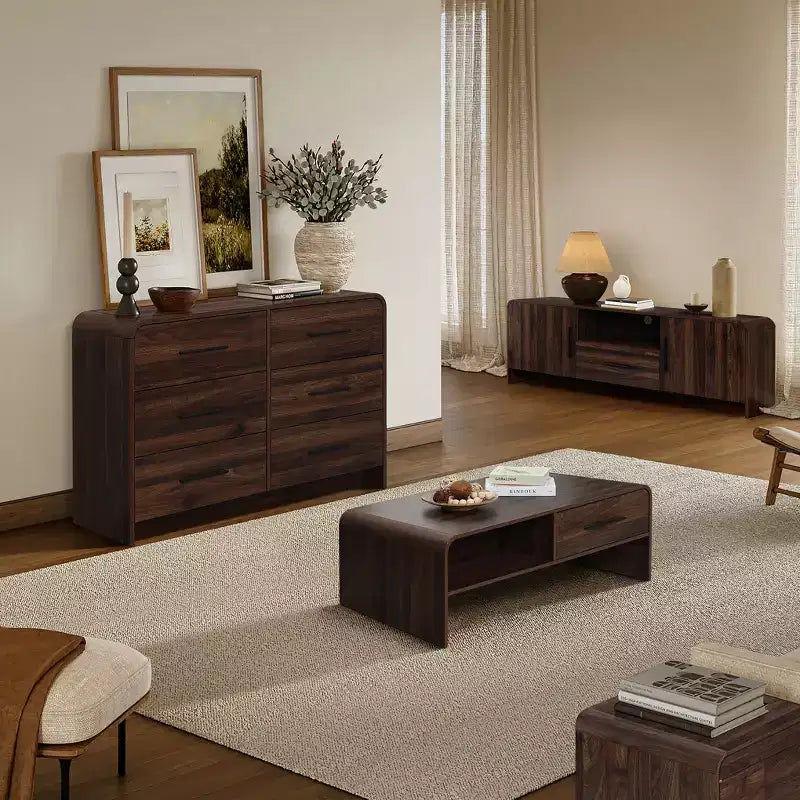 47'' Coffee Table with Storage, Walnut Finish Wood 2-Drawer Open Storage Center Table with Rounded Corners for Living Room Brown