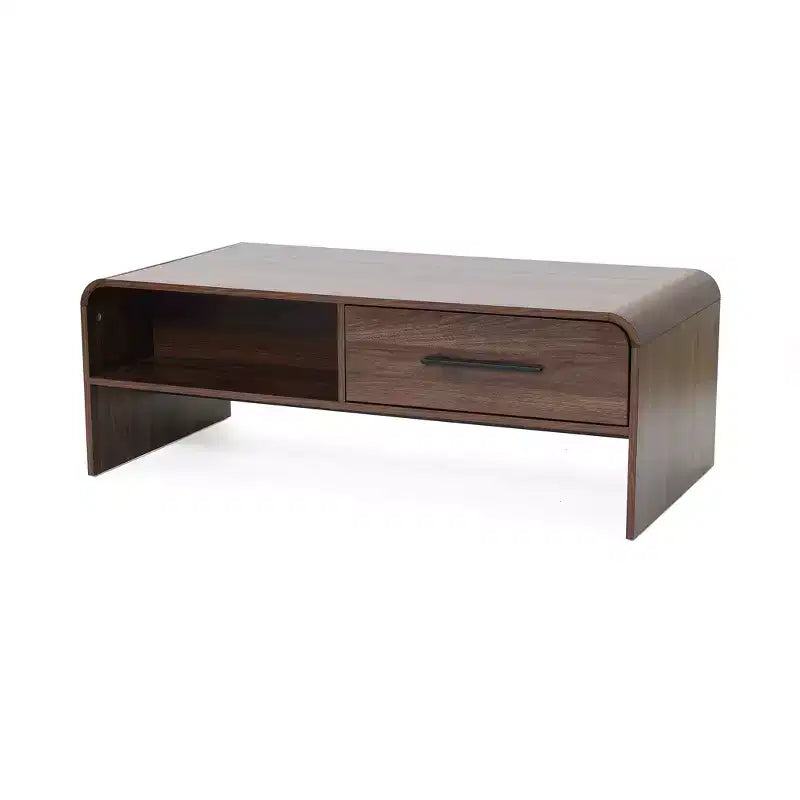 47'' Coffee Table with Storage, Walnut Finish Wood 2-Drawer Open Storage Center Table with Rounded Corners for Living Room Brown