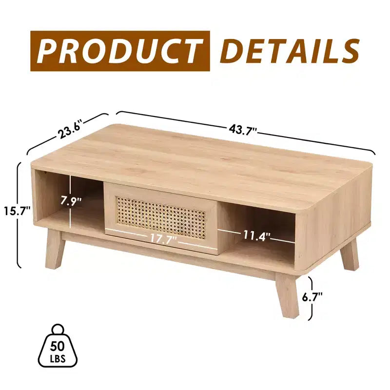 44in Natural Modern Square Wooden Coffee Table With Rattan Drawer for Living Room