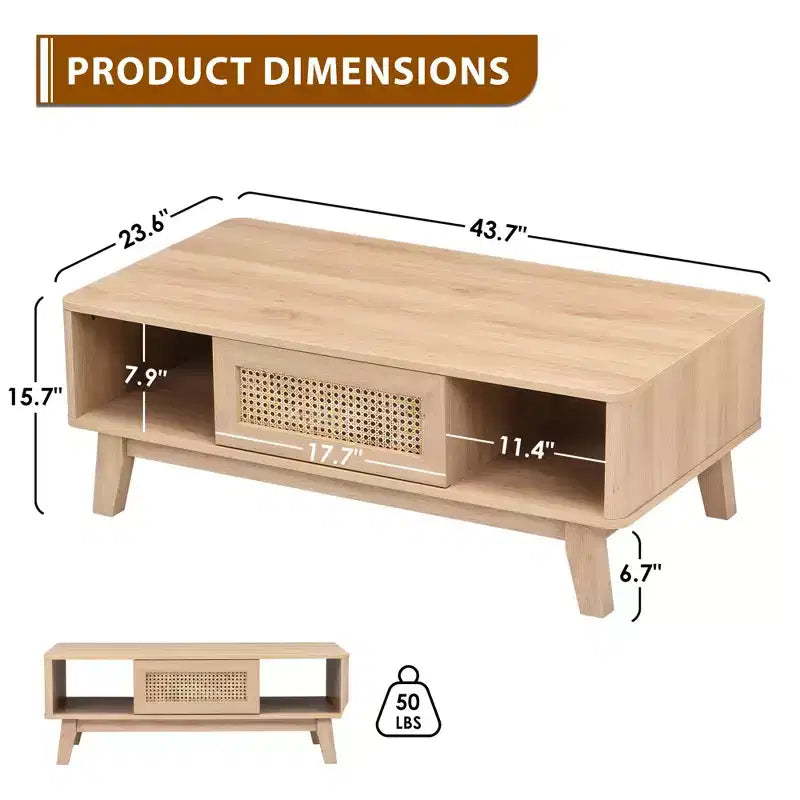 44in Natural Modern Square Wooden Coffee Table With Rattan Drawer for Living Room
