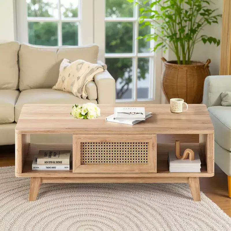 44in Natural Modern Square Wooden Coffee Table With Rattan Drawer for Living Room