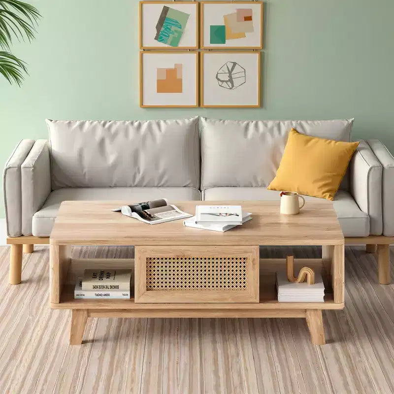 44in Natural Modern Square Wooden Coffee Table With Rattan Drawer for Living Room