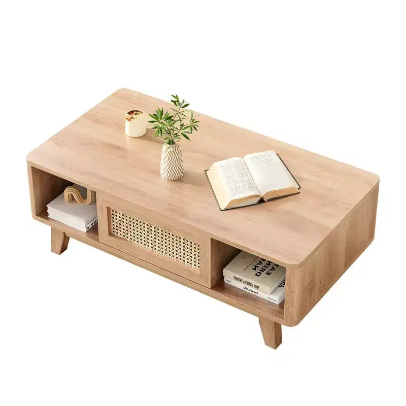 44in Natural Modern Square Wooden Coffee Table With Rattan Drawer for Living Room