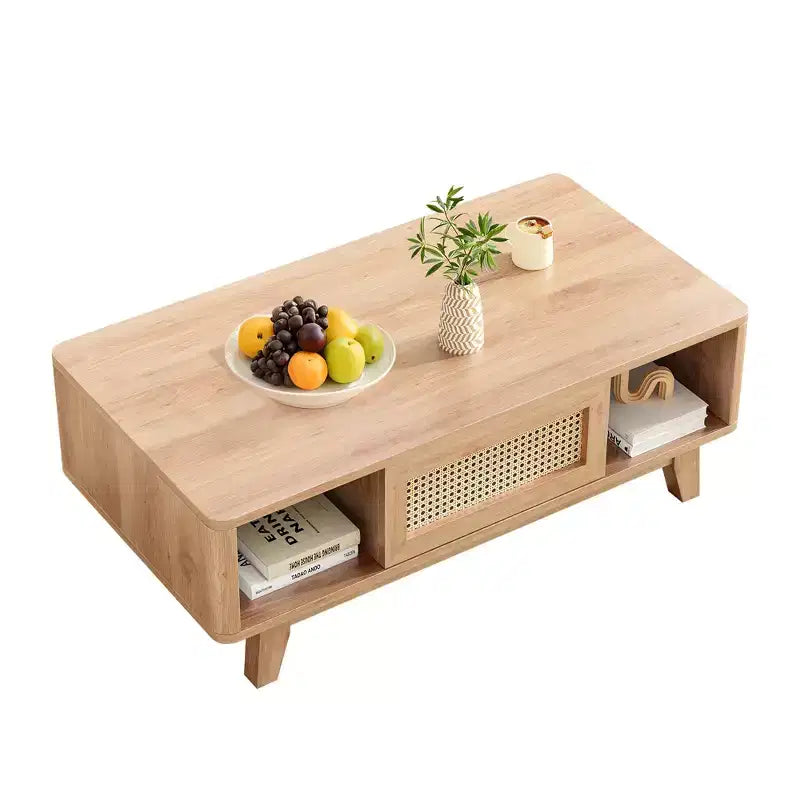 44in Natural Modern Square Wooden Coffee Table With Rattan Drawer for Living Room