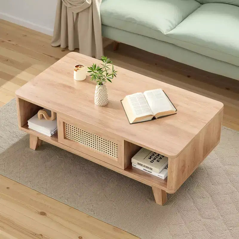 44in Natural Modern Square Wooden Coffee Table With Rattan Drawer for Living Room