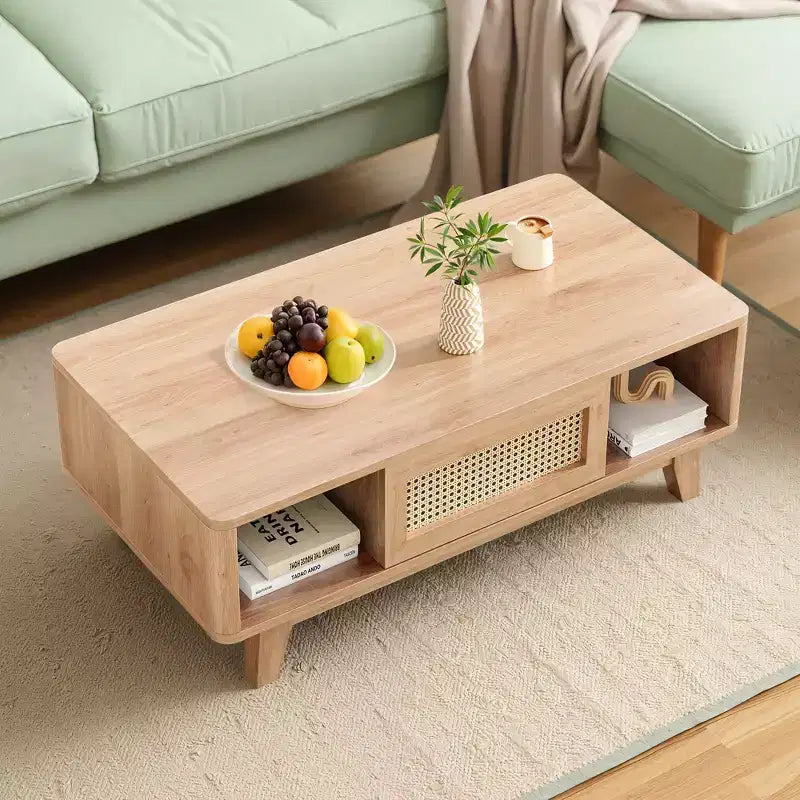 44in Natural Modern Square Wooden Coffee Table With Rattan Drawer for Living Room