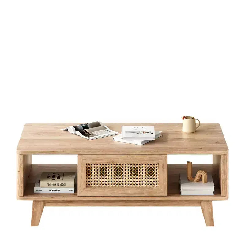 44in Natural Modern Square Wooden Coffee Table With Rattan Drawer for Living Room