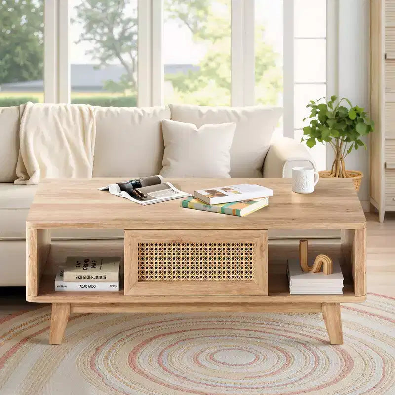 44in Natural Modern Square Wooden Coffee Table With Rattan Drawer for Living Room
