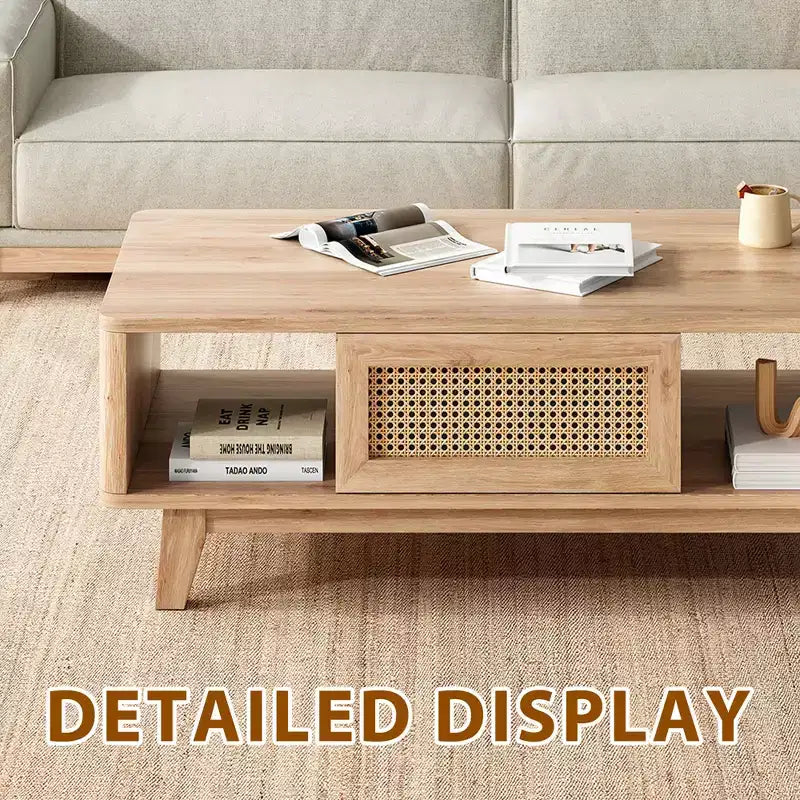 44in Natural Modern Square Wooden Coffee Table With Rattan Drawer for Living Room