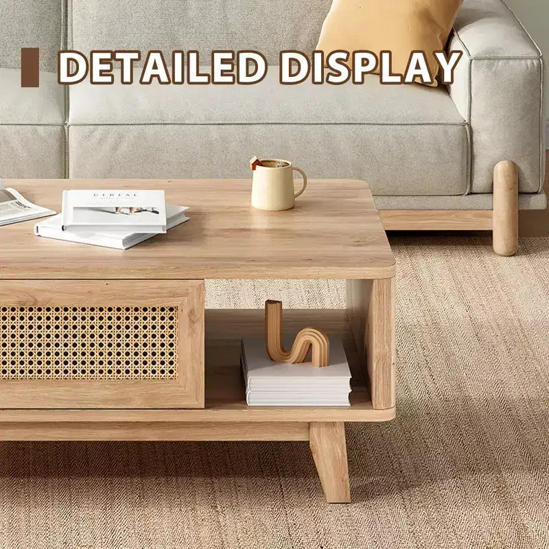 44in Natural Modern Square Wooden Coffee Table With Rattan Drawer for Living Room