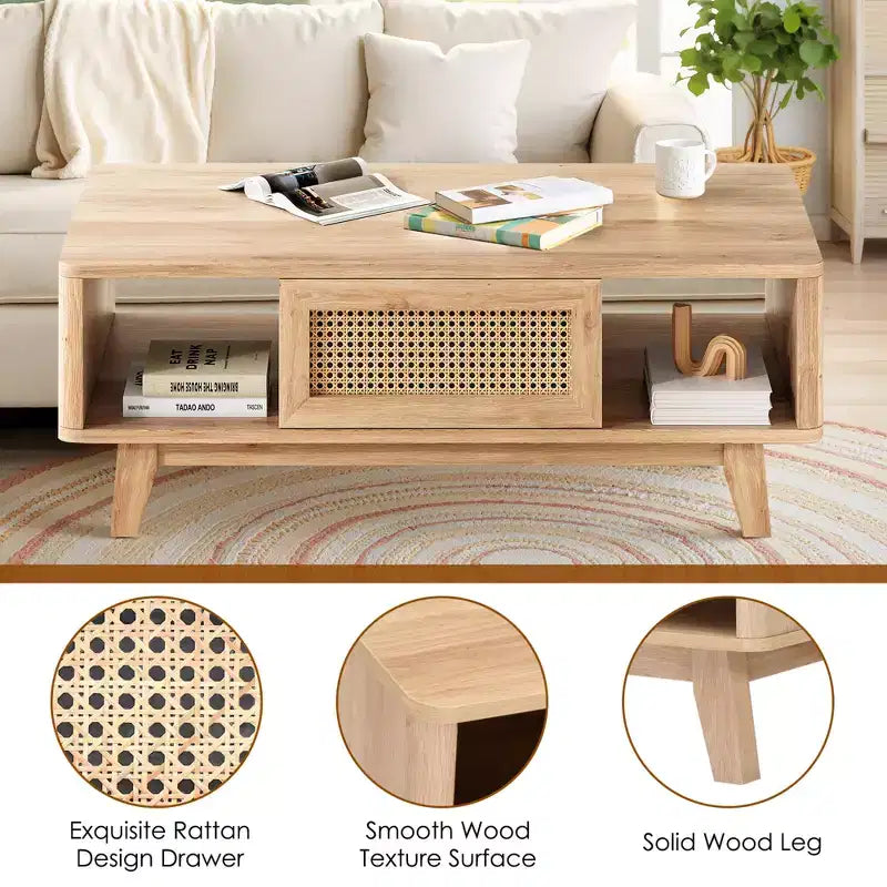 44in Natural Modern Square Wooden Coffee Table With Rattan Drawer for Living Room
