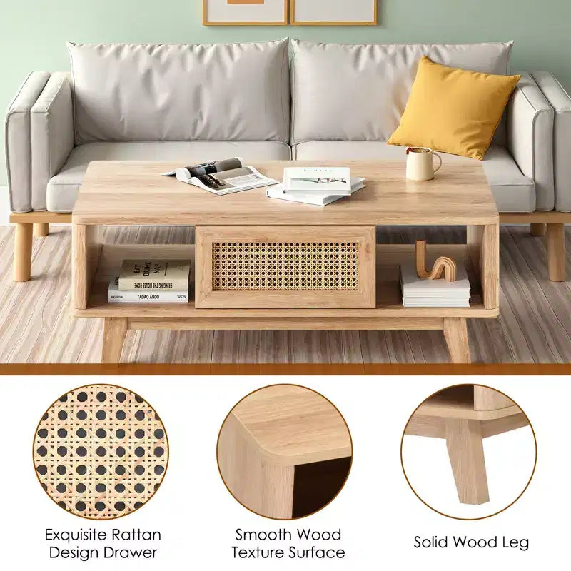 44in Natural Modern Square Wooden Coffee Table With Rattan Drawer for Living Room