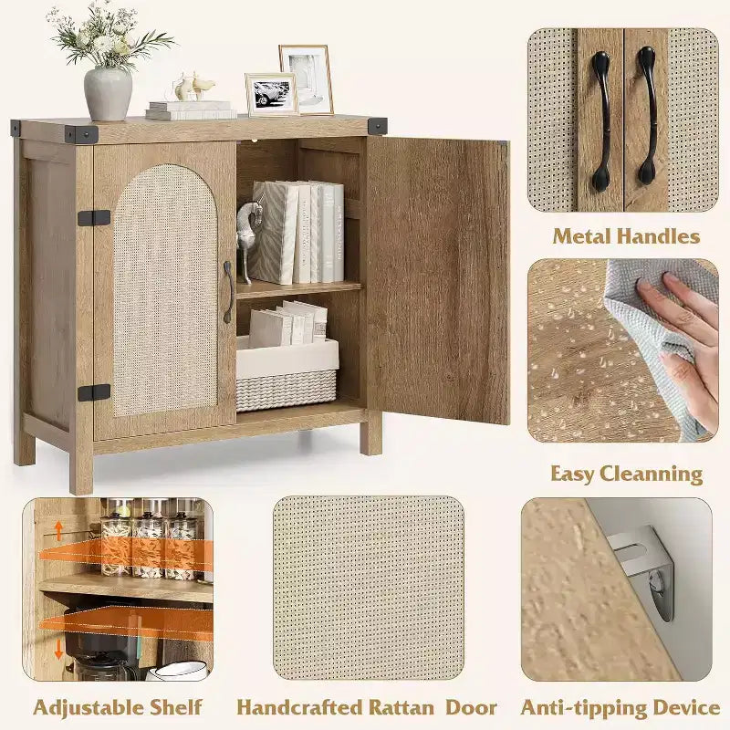 31.5 Small Rattan Buffet Cabinet with Drawer, Adjustable Shelves, Boho Farmhouse Sideboard