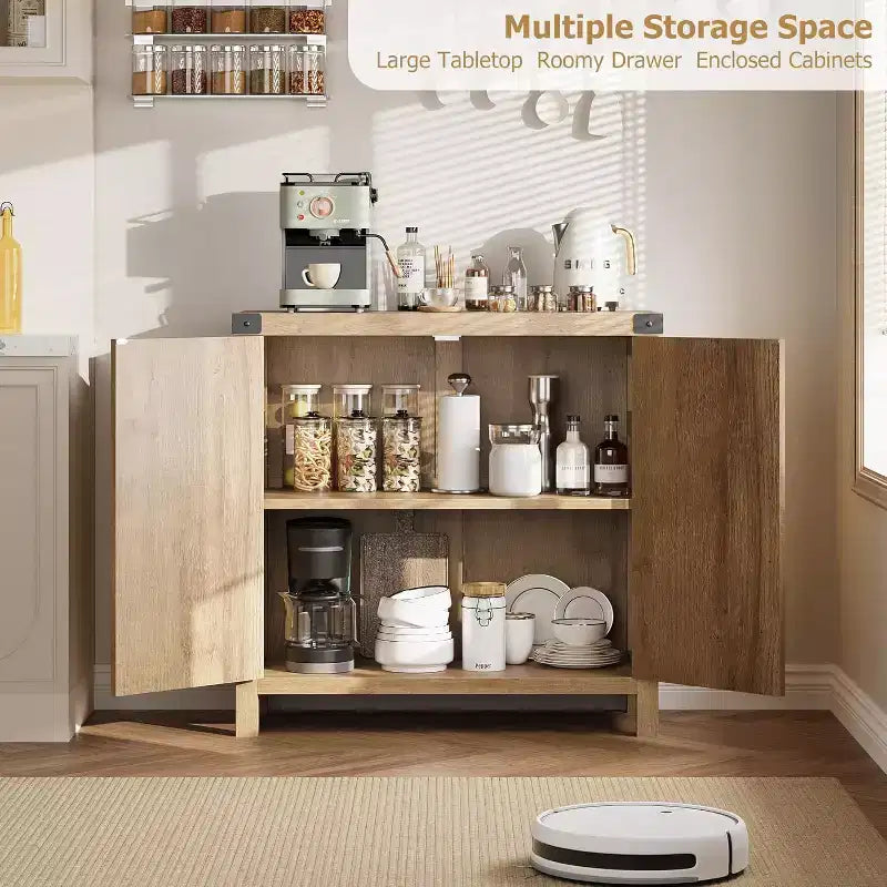 31.5 Small Rattan Buffet Cabinet with Drawer, Adjustable Shelves, Boho Farmhouse Sideboard