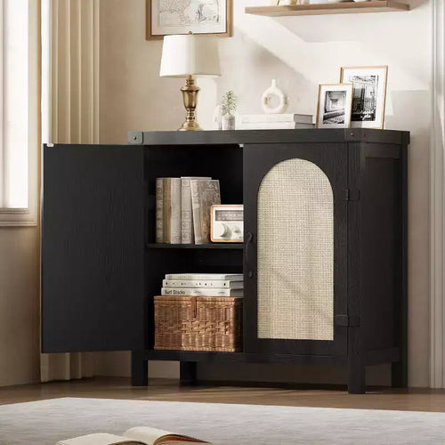 31.5 Small Rattan Buffet Cabinet with Drawer, Adjustable Shelves, Boho Farmhouse Sideboard