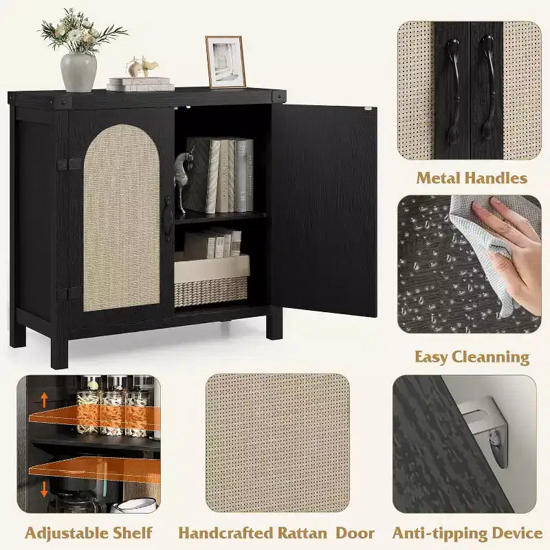 31.5 Small Rattan Buffet Cabinet with Drawer, Adjustable Shelves, Boho Farmhouse Sideboard