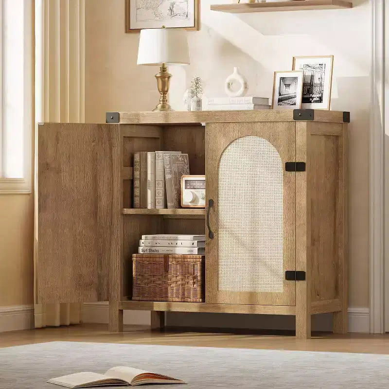 31.5 Small Rattan Buffet Cabinet with Drawer, Adjustable Shelves, Boho Farmhouse Sideboard