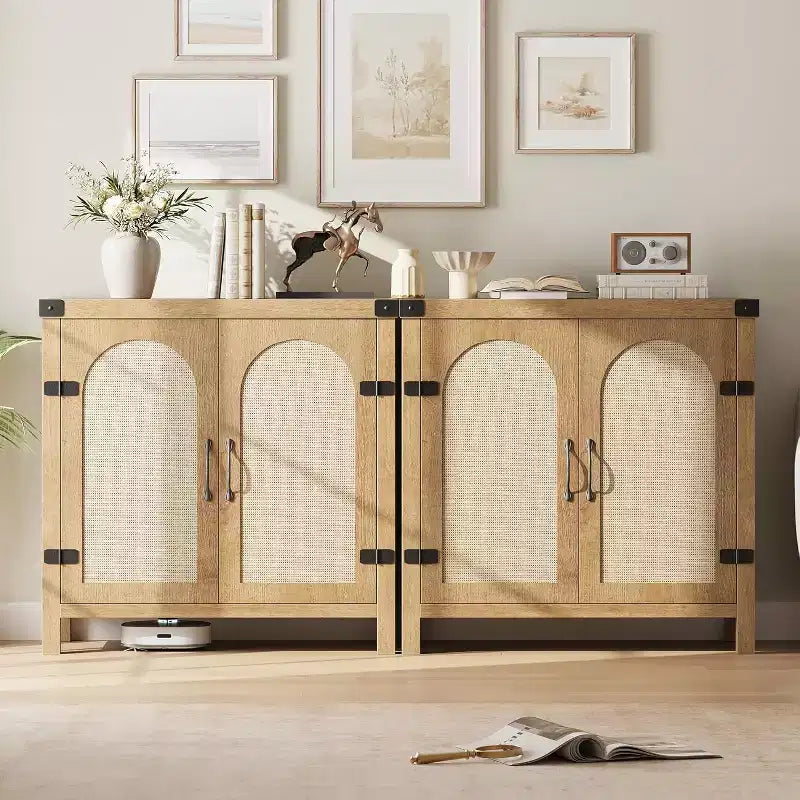 31.5 Small Rattan Buffet Cabinet with Drawer, Adjustable Shelves, Boho Farmhouse Sideboard