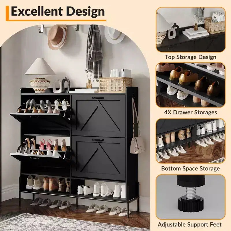 Shoe Cabinet with 4 Flip Drawers,Narrow Shoe Cabinet Storage,Freestanding Shoe Storage Cabinet Organizer,Dry and Wet Separation with Metal Legs