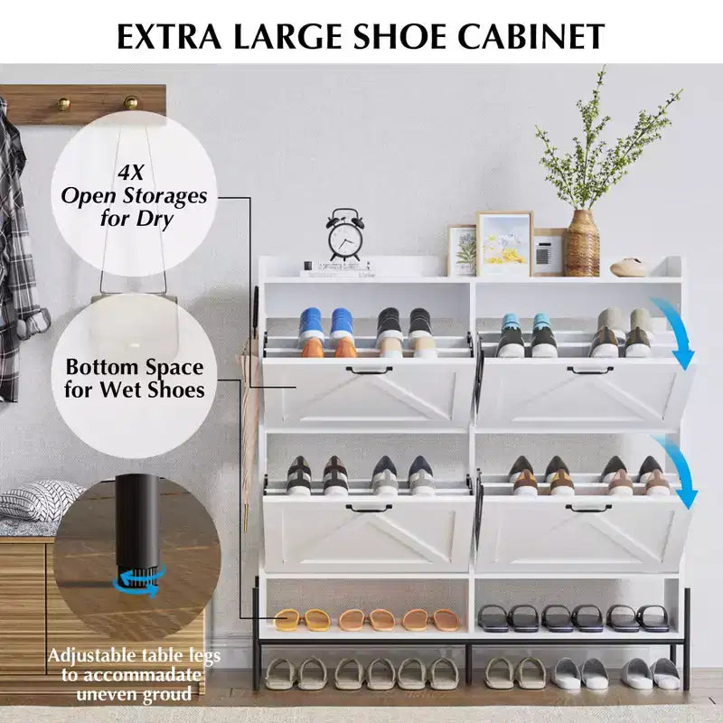 Shoe Cabinet with 4 Flip Drawers,Narrow Shoe Cabinet Storage,Freestanding Shoe Storage Cabinet Organizer,Dry and Wet Separation with Metal Legs