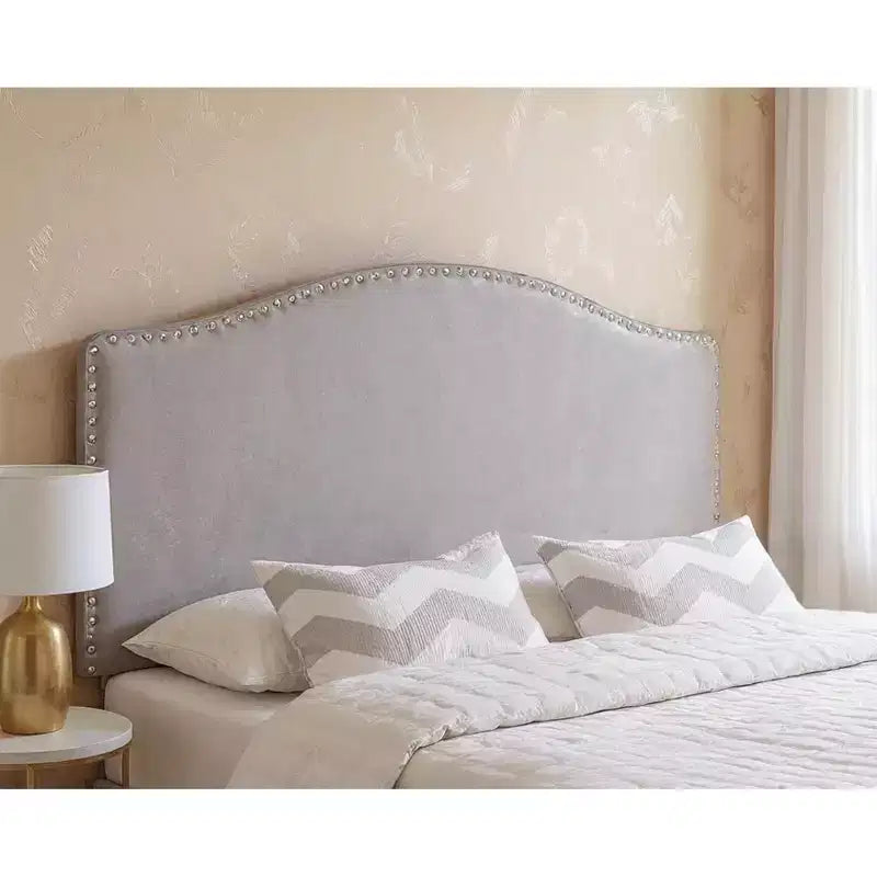 Gray Faux Leather Upholstered Arched Queen Headboard With Nail Head Trim