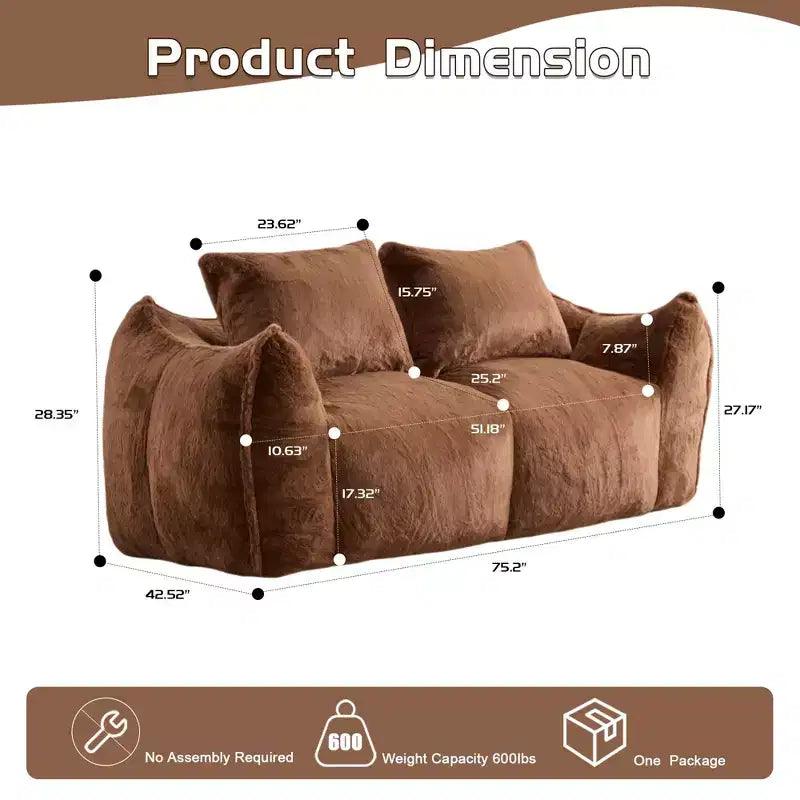 Ultra Soft Fluffy Loveseat Floor Bean Bag Sofa with Plump Pillows,Oversized Lazy Lounge Couch for Living Room,Bedroom