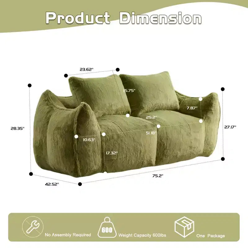 Ultra Soft Fluffy Loveseat Floor Bean Bag Sofa with Plump Pillows,Oversized Lazy Lounge Couch for Living Room,Bedroom