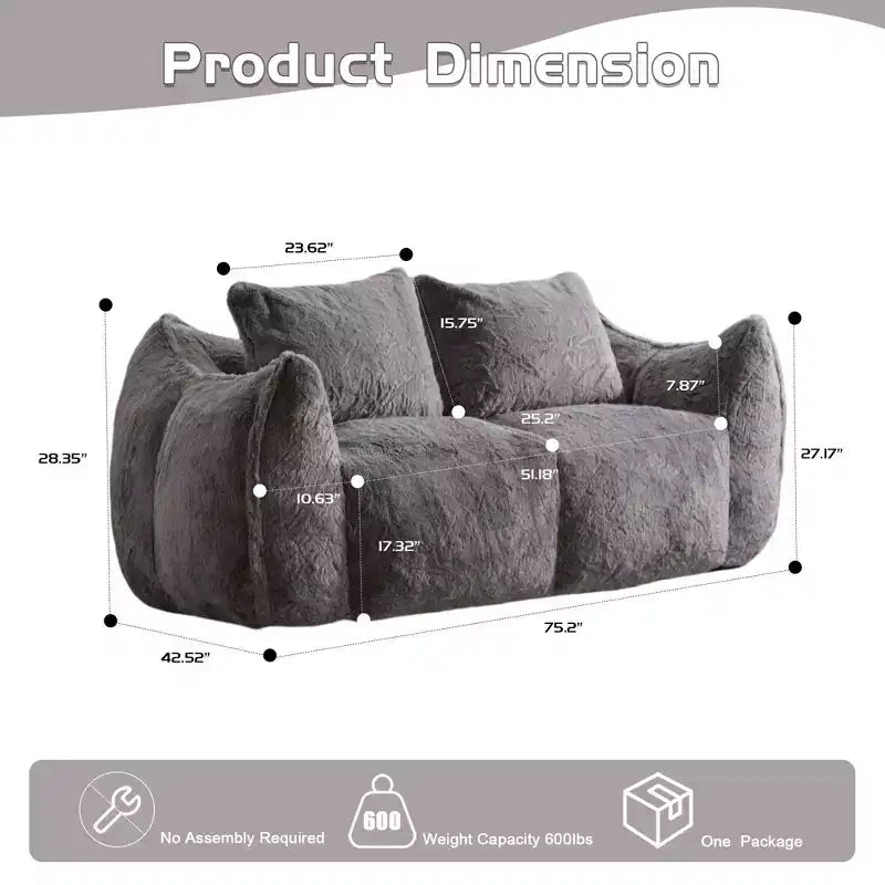 Ultra Soft Fluffy Loveseat Floor Bean Bag Sofa with Plump Pillows,Oversized Lazy Lounge Couch for Living Room,Bedroom