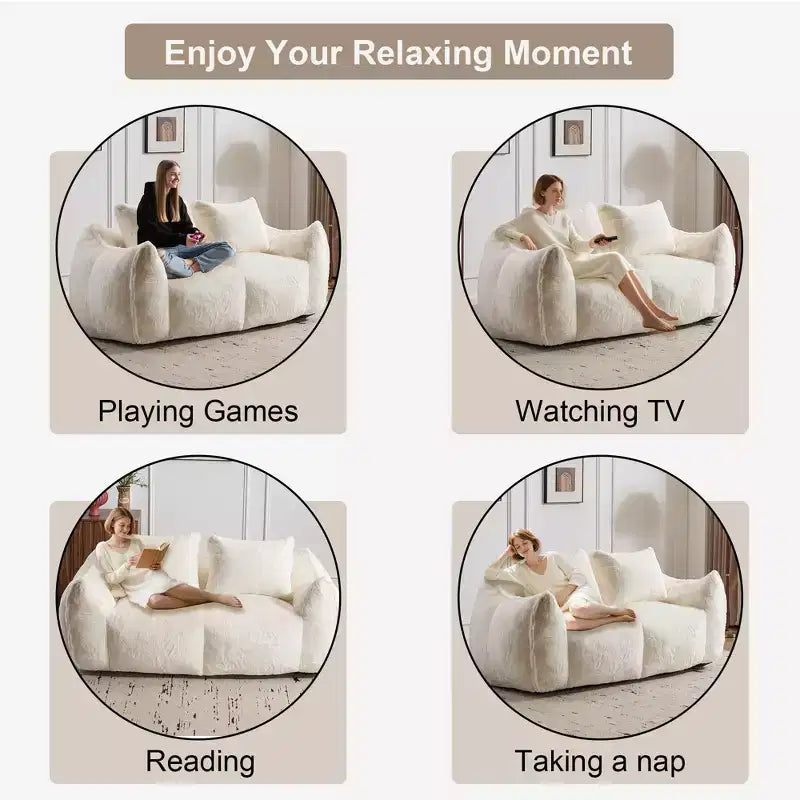 Ultra Soft Fluffy Loveseat Floor Bean Bag Sofa with Plump Pillows,Oversized Lazy Lounge Couch for Living Room,Bedroom
