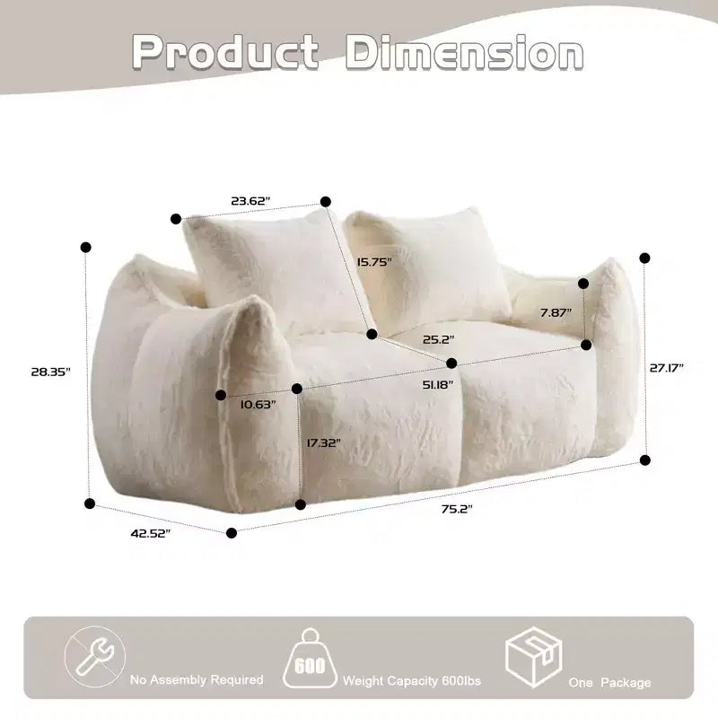 Ultra Soft Fluffy Loveseat Floor Bean Bag Sofa with Plump Pillows,Oversized Lazy Lounge Couch for Living Room,Bedroom
